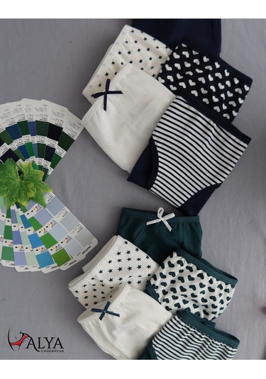 Alya Underwear Kız Çocuk Kalpli Dokuma Lastik Pamuklu Kumaş Slip Külot 5'li Paket 5 Adet Beyaz Multicolor-x23