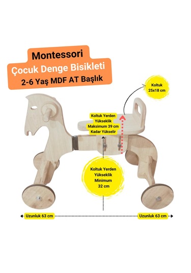 Montessori Çocuk Denge Bisikleti 2-6 Yaş Mdf At Başlık