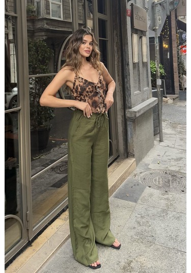 Pembe Keten Karışımlı Bol Kesim Pantolon Haki