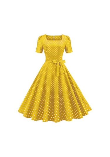 Vintage Puantiyeli Elbise Klasik Film Tarzı Tasarım Kare Zarif Zamansız Retro Yaka Kadın Elbise Sarı