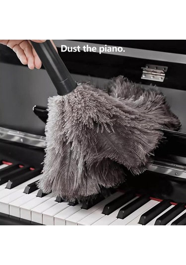 Konesam Östrich Tüy Temizleyici Seti: Geri Çekilebilir, 2 Adet, Doğal Ahşap Saplı, Ev Ve Ofis İçin Eco-friendly Temizlik Aleti Gri