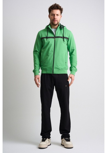Shooter Sportswear Klasik Antrasit Erkek Eşofman Takımı Çıkartılabilir Kapüşonlu Rahat Kalıp Yeşil