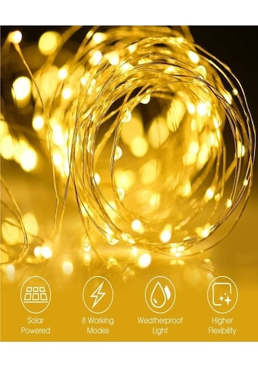 Pazly Güneş Enerjili Peri Işıkları - 10m 100 Led Sıcak Beyaz Aydınlatma