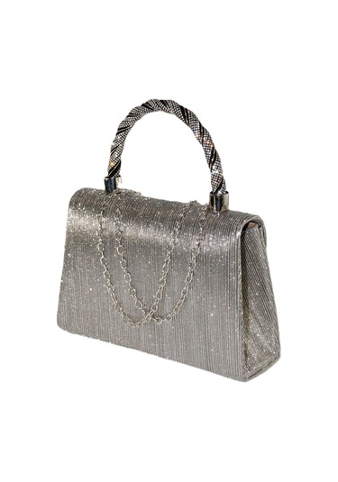 Lazer Kumaş Platin Abiye Çanta Taşlı Kadın Abiye Çanta Abiye Çanta Metalik Gri El Düğün Çantası
