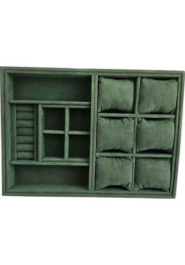 Organizatör Koyu Yeşil Süet Tabla Kolye & Yüzük Düzenleyici Ve Gözlük 6 Yastık 4 Bölmeli Rulo Çok Renkli