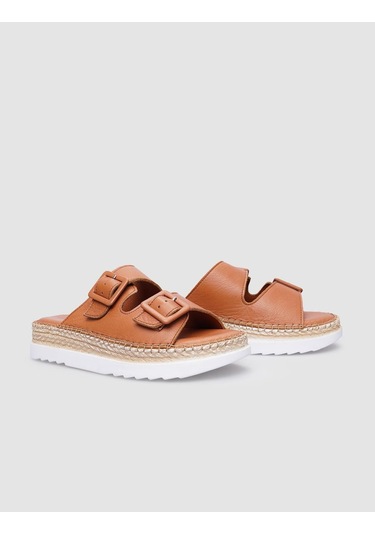 %100 Hakiki Deri Taba Çift Tokalı Kadın Terlik-taba Taba