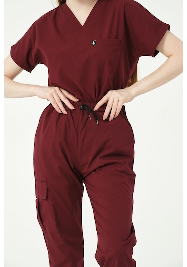 Bordo Likralı Kargo Cep Jogger Paça Doktor Hemşire Forması Tek Alt Unisex