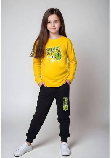 Fyk Kids Bel Detayı Lastikli Street Yazı Baskılı Kız Çocuk Alt-üst Takım Sarı