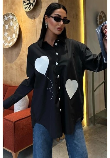 Kalp Nakışlı Ve Düğme Detaylı Oversize Gömlek 3430 Si Yah