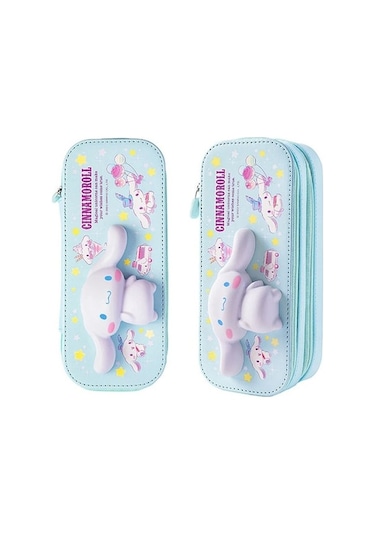 Mufunye Üçgen Köpekli Çift Katlı Stres Azaltıcı Kalem Kutusu - Basınç Yönetimi İçin Ahşap Desenli文具盒 MAvi