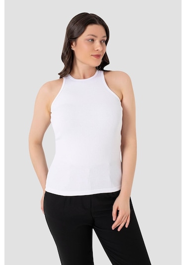 Arma Yıldız Kadın Pamuklu Fitilli Görünümlü Halter Yaka Basic Beyaz Atlet beyaz