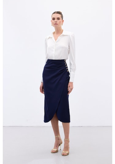 Sateen Düğme Detaylı Kalem Etek - Lacivert-136779 Lacivert
