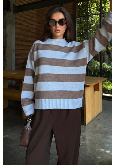 Camel Bisiklet Yaka Çizgili Oversize Triko Kazak Mg1972 CAMEL