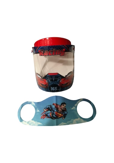 Gürbey Racing Baskılı Çocuk Siperlik + Superman Desenli Çocuk Maske