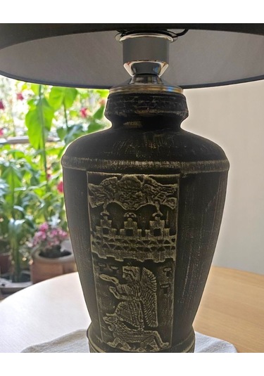 Gümüş Renk Eskitme El Yapımı Sümer Dekoratif Abajur - Siyah Siyah