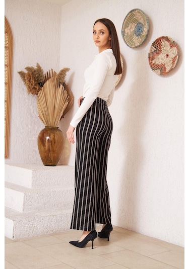 Darlin Moda Siyah Çizgili Krep Pantolon DM48325 Siyah