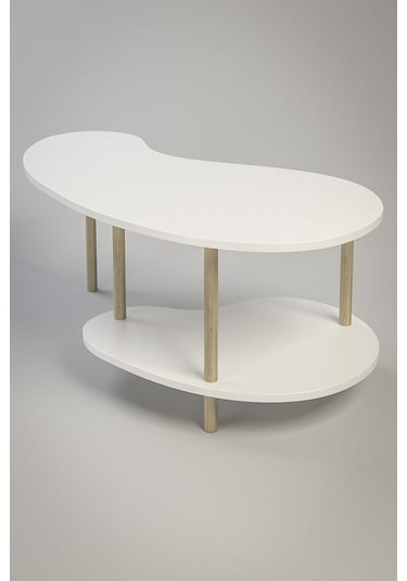 Fasülye Orta Sehpa Ahşap Ayaklı Sehpa Iki Raflı Sehpa Dekoratif Sehpa Gazetelikli - Beyaz