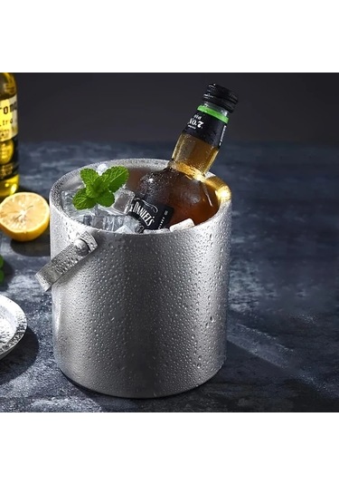 Cordial 1 Adet 3l 304 Paslanmaz Çelik Buz Kovası Kalınlaştırılmış Taşınabilir Kapaklı Çift Katmanlı Yalıtımlı Ev Bar Restoran Kullanımı Ahşap