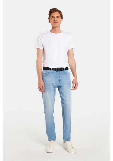 Erkek Normal Kesim Denim Yıkamalı Düz Paça Açık Mavi Jean Kot Pantolon-34491 Açık Mavi