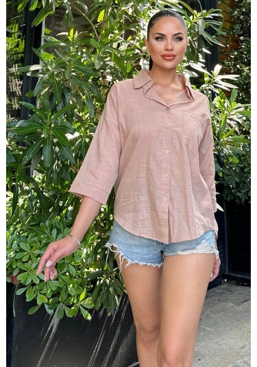 Kadın Kahve Truvakar Kol, Oval Kesim, Terletmez, Flamlı Keten Salaş Gömlek Bej