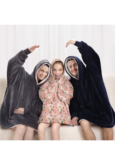 Noel Temalı 6-13 Yaş Çocuk Giyilebilir Battaniye Hoodie, Kalın Peluş, Büyük Boy-a144 Krem - Pembe