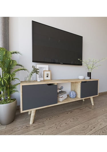 Siena Ahşap Ayaklı Tv Ünitesi Safir Meşe-antrasit Televizyon Konsolu 140 Cm Ekonomik Modül Sehpa
