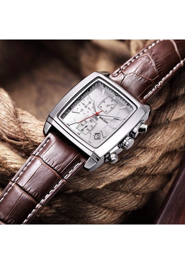 Geeksen Erkekler İçin Dörtgen Kadranlı, Işıklı, Zaman-tarih Gösteren, Su Geçirmez, Deri Kayışlı Klasik Spor Quartz Saat - Beyaz Çok Renkli