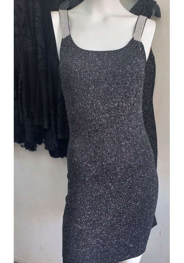 Siyah Uzeri Gümüş Simli Plastik Tasli Bodycon Elbise Siyah