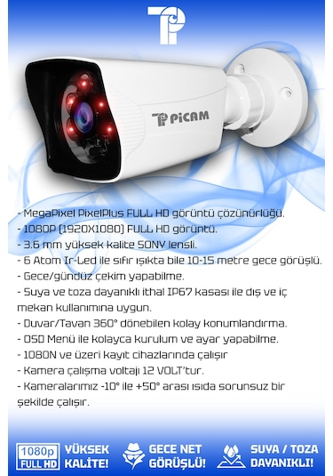 Picam 2 Kameralı Kare 2 Dış Kamera Set 250 GB HDD Full HD Gece Görüşlü Güvenlik Kamerası Sistemi