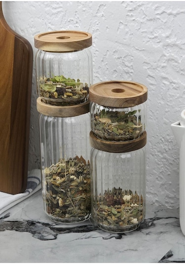 Timber Cam Kavanoz Seti - Çizgili 4'lü Saklama Kavanozu Takımı - Ahşap Kapaklı, 8 Parça