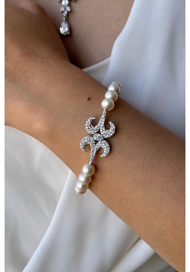 8,5 Mm Koç Başı Zirkon Taşlı İnci Kolye Bileklik Küpe Yüzük Dörtlü Set 10 / Rose Gümüş