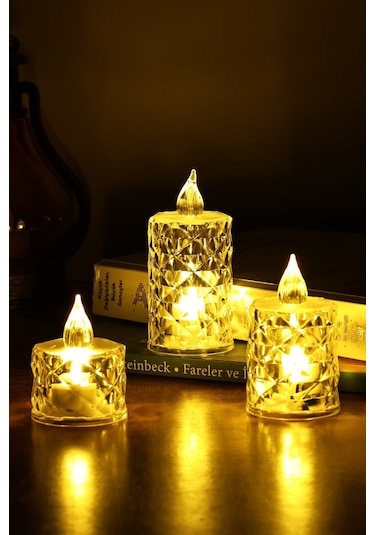 3 Lü Elmas Kristal Desenli Led Mum Seti Pilli Dumansız Alevli Dekoratif Yapay Mum Sarı