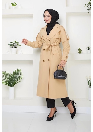 Kruvaze Yaka Bondit Kumaş Trençkot / M0106 - Camel Metalik Camel