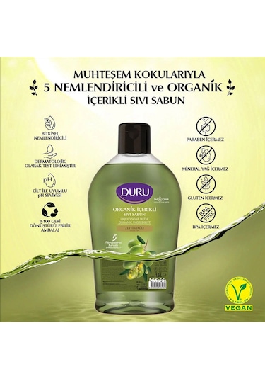 Duru Sıvı Sabun Organik İçerikli Zeytinyağlı 1500 Ml X 3 Adet