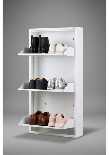 Metal Ayakkabılık 3 Lü Beyaz Kilitli Model Beyaz