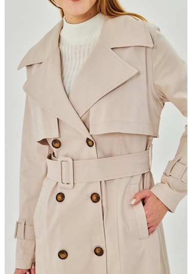 Pastelastore Esnek Pamuk Gabardin Midi 95cm Astarsız Kadın Trençkot 1118 Taş Rengi Taş