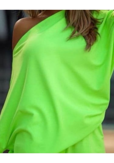 Kadın Kayık Yaka Salaş Iki Iplik Bluz Ve Şort Ikili Takım Yeşil