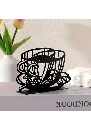 Xuweiwei Siyah Metal Peçete Tutucu - Kahve Fincanlı Dikey Masaüstü Mendil Klipsi Siyah