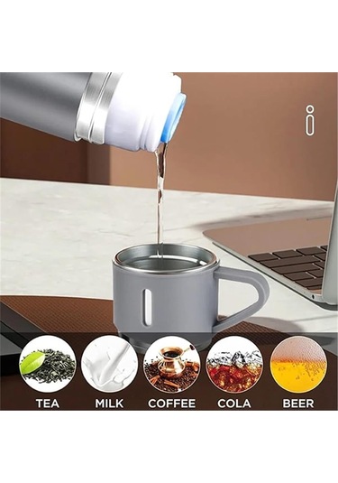 Kişiselleştirilebilir 3 Bardaklı Çelik Termos 05 Lt Gri Gri