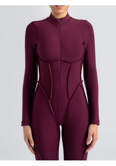 Dikişle Modellenmiş Spor Tayt Tulum Mürdüm