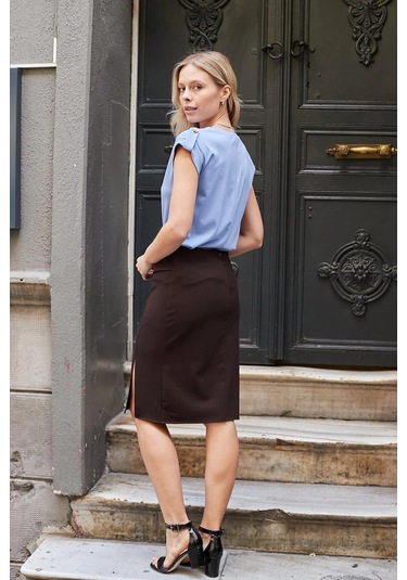 Kadın Yüksek Bel Düğme Detaylı Yırtmaçlı Diz Altı Hafif Likralı Kumaş Kalem Etek-kahve Kahve