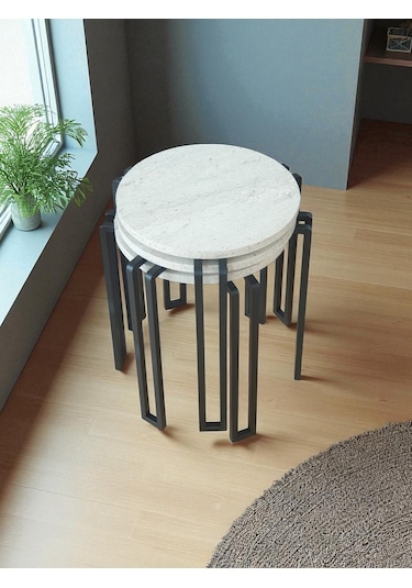 Zigon Sehpa Metal Ayaklı Beyaz Ahşap Yuvarlak Misafir Sehpası 3'lü