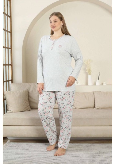 Alimer Kadın Büyük Beden Gri Çiçek Desen 3 Düğmeli Mevsimlik Uzun Kol Pijama Takımı Gri