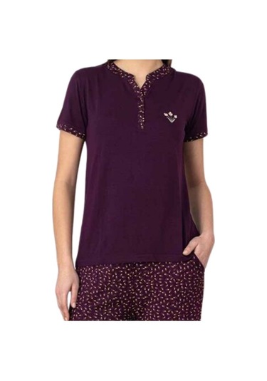 Kadın Mürdüm Desenli V Yaka 3 Düğmeli Likralı Viskon Kısa Kol Pijama Takımı Mürdüm