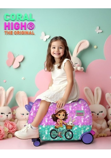 Coral High Otur-çek Kız Çocuk Valizi - Mor Pembe Bisikletli Kız Çok Renkli