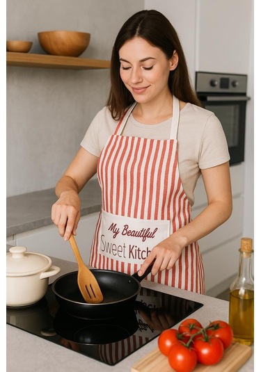 Çizgili Mutfak Önlüğü Cepli Baskılı Dayanıklı Kumaş Önlük Kırmızı