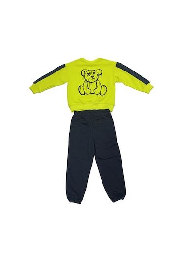 Erkek Çocuk Çift Taraf Ayıcık Desenli Eşofman Takımı Neon Yeşil