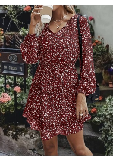 Stilaura Kadın Uzun Kollu V Yaka Bağcıklı Belden Gipeli Çiçek Baskılı Kısa Süprem Elbise Bordo