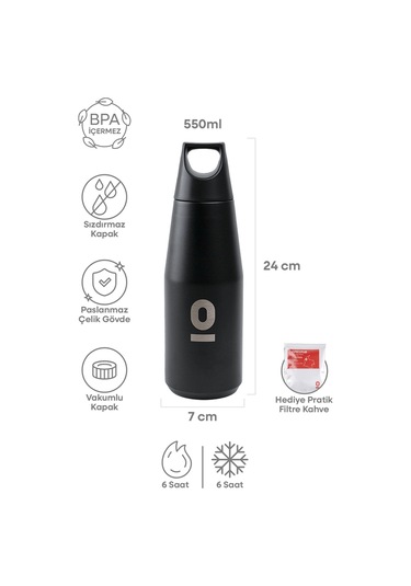 Paslanmaz Çelik Siyah Şişe Termos 550 ML No:67