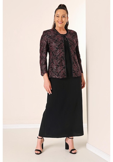 Yakası Boncuk Nakışlı Uzun Elbise Boncuk Pul Nakışlı Ceket Astarlı Büyük Beden 2'li Takım-35341-bordo Bordo